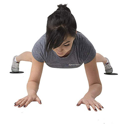 Synergee Core Sliders. Dual Sided Use on Carpet or Hardwood Floors. Abdominal Exercise Equipment