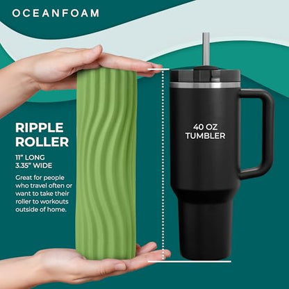 Ripple Travel Foam Roller (11" x 3.35") Firm Mini Foam Roller for Physical Therapy, Deep Tissue Massage, Back Pain - High Density, Ergonomic Wave Textured - Yoga, Exercise (Algae Green)
