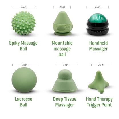 Physical Therapy Pain Relief Massage Ball Set for Trigger Point Release - Myofascial Release Tool & Deep Tissue Massage Set of 6 Pieces - Lacrosse, Spiky, Hand Roller & Mountable Self Massage Ball