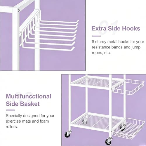 Workout Equipment Storage Rack Metal Yoga Mat Storage Rack, Weight Cart Home Gym Storage Rack with Wheels for Dumbbells, Yoga Mats, Kettlebells, Foam Rollers