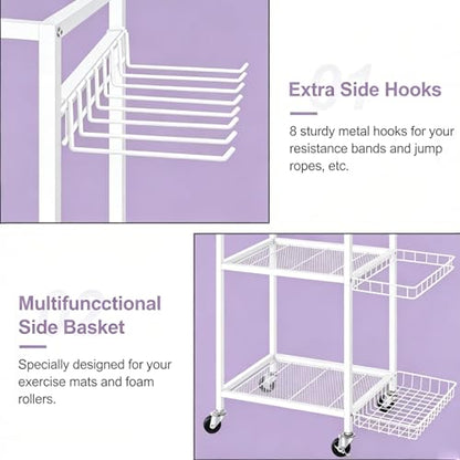 Workout Equipment Storage Rack Metal Yoga Mat Storage Rack, Weight Cart Home Gym Storage Rack with Wheels for Dumbbells, Yoga Mats, Kettlebells, Foam Rollers
