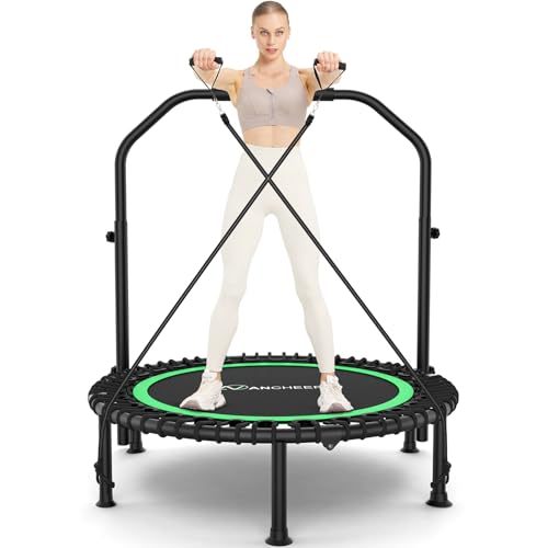 ANCHEER 40"/48" Foldable Mini Trampoline,Max Load 450lbs/550lbs Indoor Trampoline,with 4 Level Adjustable Foam Handle and Resistance Bands,Adult Exercise Trampoline for Home, Garden, and Gym - color: green, size: 40 inch