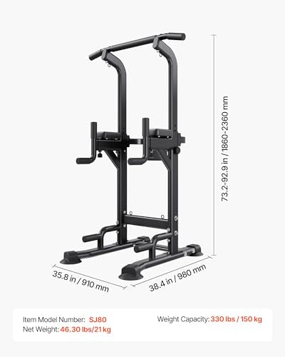 VEVOR Pull Up Bar, 330 LBS Power Tower Dip Station, Workout Dip Station with H-Shaped Stable Base & Back Pad, Adjustable 12 Level Height Free Standing Chin Up Bar for Back, 4-Level Adjustable Back Pad