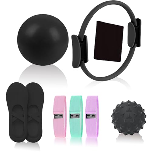 Pilates Essentials Kit for Women, Pilates Equipment, for Home Workouts with Ring and Ball Set, 3pcs Booty Bands, Yoga Bands for Stretching, Fascia Ball, Yoga Socks - color: black