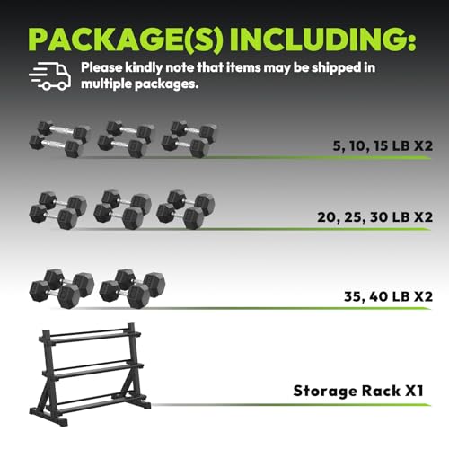 HANDBODE Hex Dumbbell Set with Rack, 300-840 lb Rubber Coated Fixed Weights Sets with Heavy Duty Storage Stand, Hexagon Shape, Multiple Weight Options Home Gym Equipment for Strength Training - style: 360 lb Set (5-40 lb) with Rack