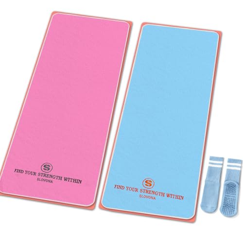2 Pack Yoga Mat Towels with Bonus Grip Socks, Sky Blue + Rose Pink | Elegant Embroidered, 1-Second Sweat Absorption & Non-Slip | Machine Washable Microfiber | Hot Yoga, Pilates | 73''*27.6''