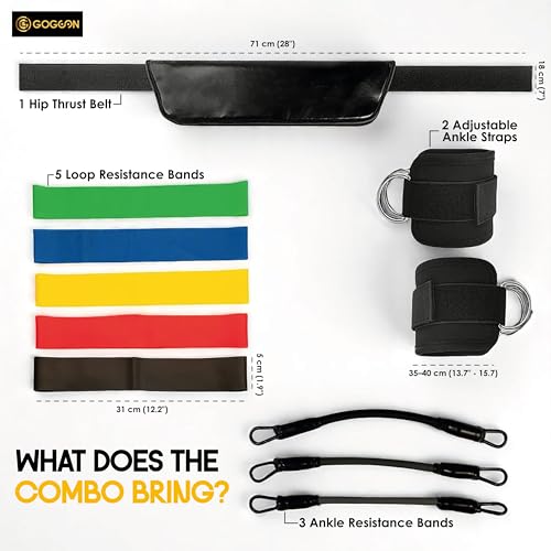 Hip Thrust Belt & Ankle Resistance Bands Set for Women – Glute Workout Kit with Padded Belt, Adjustable Ankle Straps & 5 Loop Bands – Booty Training Equipment for Home or Gym
