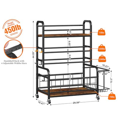 Homeiju 450LBS Dumbbell Rack,Weight Rack for Dumbbells,Weight Rack for Home Gym,Home Gym Storage for Strength Training Dumbbell Racks Stand with Wheels&Hooks