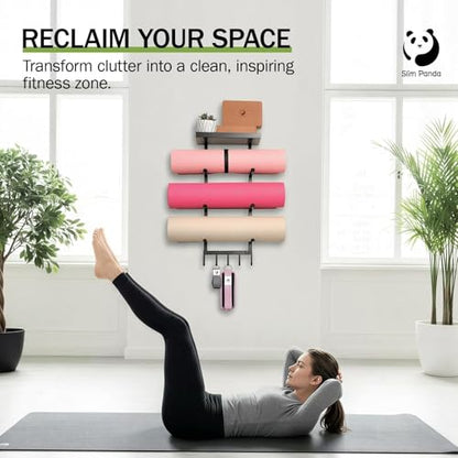 Yoga Mat Holder Wall Mount with Mesh Bag, 4-Tier Metal Storage Rack with Floating Shelf & 5 Hooks, Large Home Gym Organizer for Foam Rollers, Resistance Bands & Yoga Accessories