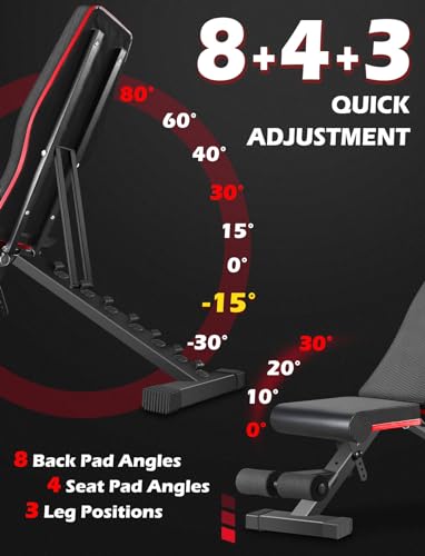 LINODI Adjustable Weight Bench for Home Gym，Foldable Incline Decline Flat Workout Bench for Full Body Strength Training, Dumbbell Press & Ab Exercises