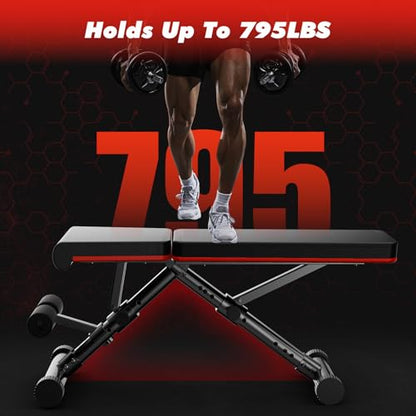Adjustable Weight Bench for Home Gym, Foldable Incline Decline Sit-Up Bench Workout Equipment for Full Body Strength Training, 795LBS Capacity for Chest, Shoulders, Arms