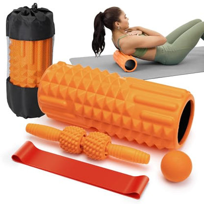 5 in 1 Foam Roller Set - Deep Tissue Foam Roller, Muscle Roller Stick, Massage Ball, Resistance Band for Physical Therapy & Deep Tissue Muscle Massage (Orange) - color: Orange