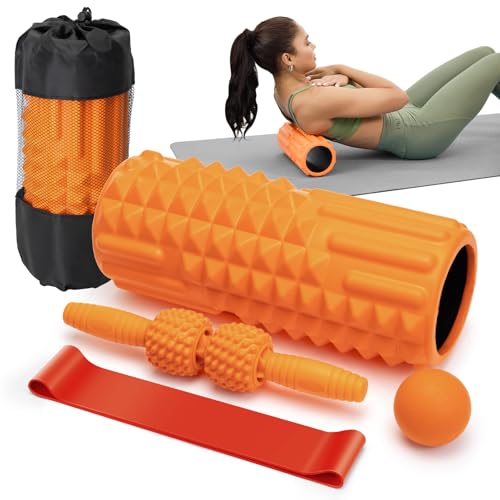 5 in 1 Foam Roller Set - Deep Tissue Foam Roller, Muscle Roller Stick, Massage Ball, Resistance Band for Physical Therapy & Deep Tissue Muscle Massage (Orange) - color: Orange