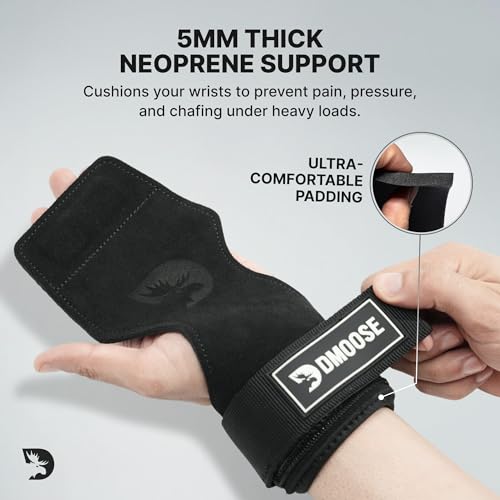 DMoose Fitness Weight Lifting Hooks (Pair) for Deadlifts, Pull Ups, Rows & Shrugs - Anti-Rip Nylon Strap Hand Grips with Thick Wrist Padding - Heavy Duty Wrist Straps for Weightlifting & Gym Workouts - color: Black Lifting Grip