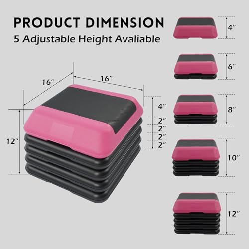 Fitvids Step Aerobic Platform, Exercise Step with 5 levels Adjustable Height, 4 Stackable Risers, Fitness Training Workout Stepper for Home Gym, Cardio Strength, Multiple Options