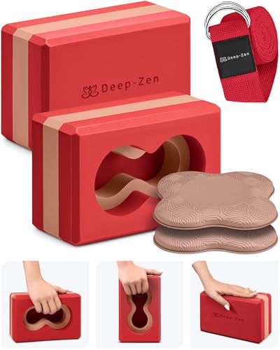 Deep-Zen® Yoga Blocks Wrist Support; Yoga Blocks 2 Pack with Knee Pads and Strap to Put Less Weight on Wrists; Durable, Versatile Yoga Brick Exercise Block Set, Blocks Yoga - color: Red
