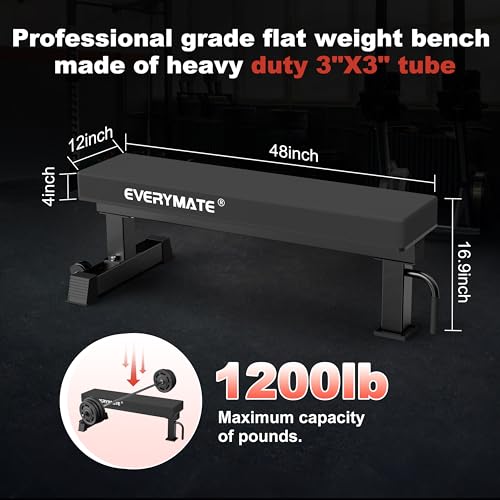 Flat Bench, 4" Thick HeftyGrip Vinyl Pad, Rated 1,200 LB, Flat Benches for Home Gym & Strength Training, Professional Grade Flat Weight Bench Made of Heavy Duty 3"*3" Tube (Black)