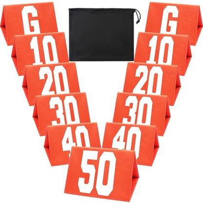 Set of 11 Football Yard Markers Field Markers Orange High Visibility Weighted Yardage Markers with Portable Carrying Bag, Football Gear for Football Training Equipment