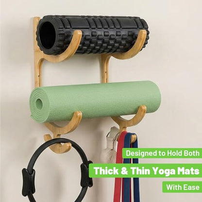 Wooden Yoga Mat Storage Rack Wall Mount, Yoga Mat Holder Hanging Hooks for Home Gym Equipment Storage, Fitness Class Room Mats Storages Organizer for Resistance Band, Home Gym Accessories