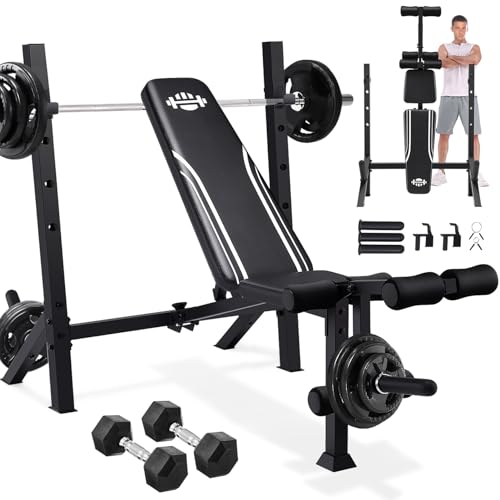 ANCHEER 900LBS Weight Bench Set with Barbell Rack, Heavy Duty Bench Press Set with Leg Extension and Leg Curl, Foldable Workout Benches for Home Gym with J Hooks & Olympic Sleeves (US Stock) - color: Dark
