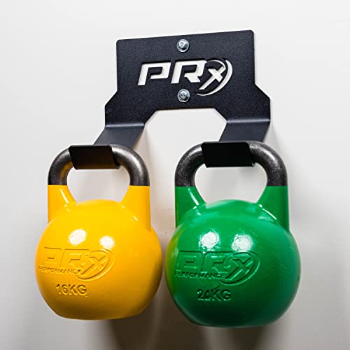 PRx Performance Double Kettlebell Storage Holder, USA Made Steel Wall Mounted 2 Kettle Bell Home Gym Space Saving Fitness Equipment Hanger Heavy Duty Hook Shelf