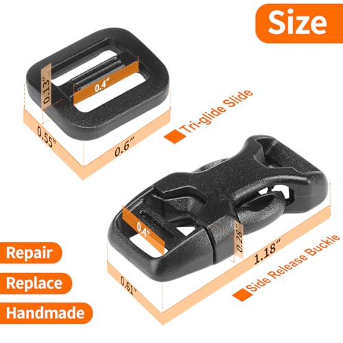 BEYOURD Buckle and Strap Set 3/8", 10 Yards Webbing Strap, 10-Pack Dual Adjustable Side Release Plastic Buckles, 20 Tri-Glide Slider Clips, Black (3/8 Inch Combo Set) - style: 3/8" Combo Set