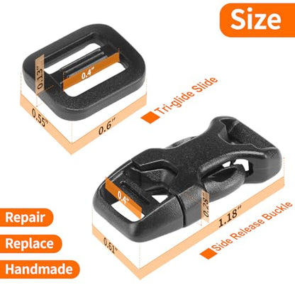 BEYOURD Buckle and Strap Set 3/8", 10 Yards Webbing Strap, 10-Pack Dual Adjustable Side Release Plastic Buckles, 20 Tri-Glide Slider Clips, Black (3/8 Inch Combo Set) - style: 3/8" Combo Set