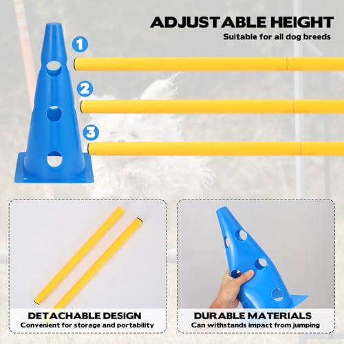 Dog Agility Hurdle Cone Set, 10er 12.5Inch Agility Cones and 5er 31.5Inch Agility Rods, Height Adjustable Crossbar for Dog Obstacle Course Rehabilitation & Beginners