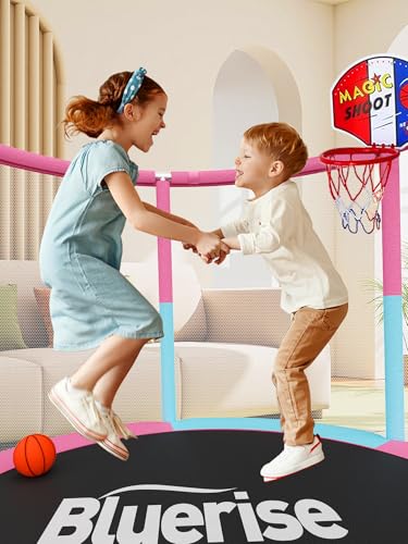 55IN 6FT Toddler Trampoline for Kids Indoor Outdoor Play for Kids Trampoline Basketball Hoop Attachment with Enclosure Net Easy to Assemble