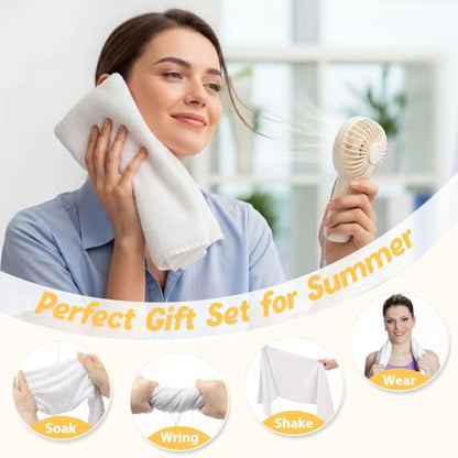 24 Pcs Summer Sets Includes 40"x12" Cooling Towels and Mini Handheld Fan Bulk, Workout Towel Sweat Towels for Hot Weather Gym, Portable Small Fan for Summer Team Travel Gifts (White)