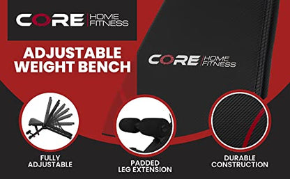 Adjustable Bench By Core Home Fitness, Foldable Weight Bench, Incline/Decline/Flat Bench, 7 Back Adjustments, Adjustable Seat, Black/Red (51MAB)