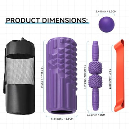 5 in 1 Foam Roller Set, High Density Fitness Exercise Foam Roller for Deep Tissue Muscle Massage, Massage Roller, Massage Ball, Resistance Band, for Whole Body(Purple) - color: Purple