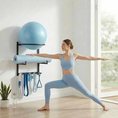 Wall Mounted Yoga Ball and Mat Holder, Space-Saving Home Gym Organizer and Storage Rack Fits 55-75cm Stability Ball with 5 Hooks for Resistance Bands and Equipment