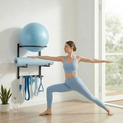 Wall Mounted Yoga Ball and Mat Holder, Space-Saving Home Gym Organizer and Storage Rack Fits 55-75cm Stability Ball with 5 Hooks for Resistance Bands and Equipment
