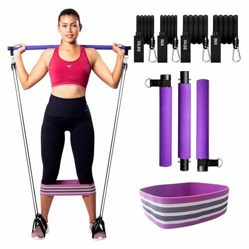 Pilates Bar Kit with Resistance Bands (Up to 100lbs) - Portable Home Gym Equipment for Squats, Yoga, and Full Body Toning - 3-Section Steel Bar + Fabric Booty Band