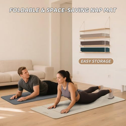 ILILI Foldable Yoga Mat 71 * 24 * 0.3'' - TPE Non-Slip Fitness Mat for Home，Waterproof & Lightweight (2lb) for Home Gym, Pilates & Stretching,Fitness Workouts - color: Beige