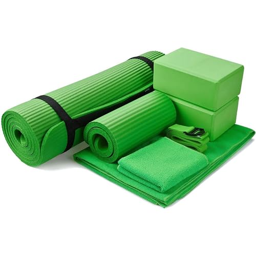 BalanceFrom 7-Piece Yoga Set with 71x24x0.5 Inches Extra Thick Mat and Carrying Sling – Includes 2 Blocks, Stretch Strap, 2 Towels, and Knee Pad for Home, Studio, and Gym Workouts