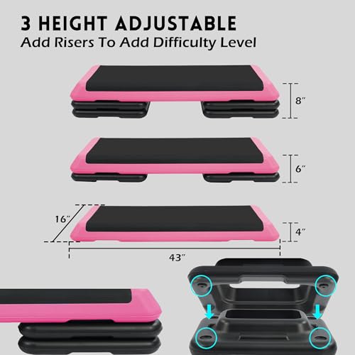 Fitvids Step Aerobic Platform, Exercise Step with 5 levels Adjustable Height, 4 Stackable Risers, Fitness Training Workout Stepper for Home Gym, Cardio Strength, Multiple Options