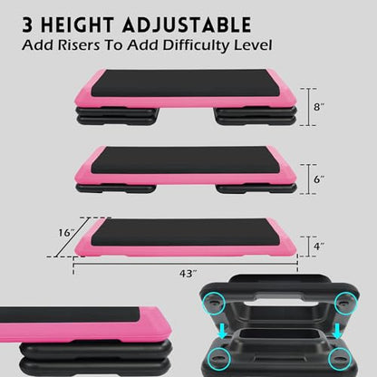 Fitvids Step Aerobic Platform, Exercise Step with 5 levels Adjustable Height, 4 Stackable Risers, Fitness Training Workout Stepper for Home Gym, Cardio Strength, Multiple Options