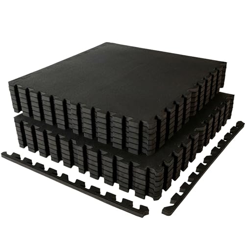 SUPERJARE 1" Extra-Thick Rubber Top Exercise Mat, Puzzle Gym Flooring for Home Gym, Gym Mat for Workout Equipment, Interlocking Floor Tiles with EVA Foam, 12 Pcs 48 Sq Ft, Black