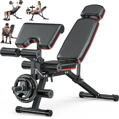 XDDIAS Workout Bench, Adjustable Weight Bench with Leg Extension and Leg Curl, Extended Headrest, 900LBS Preacher Curl Bench Incline Decline Flat Workout Bench for Home Gym Full Body Exercise - color: Black+Glossy