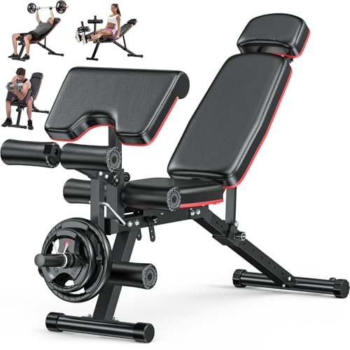 XDDIAS Workout Bench, Adjustable Weight Bench with Leg Extension and Leg Curl, Extended Headrest, 900LBS Preacher Curl Bench Incline Decline Flat Workout Bench for Home Gym Full Body Exercise - color: Black+Glossy