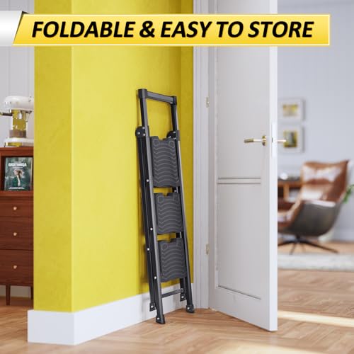 KINGRACK Step Ladder 3 Step Folding, 900lbs 3 Step Ladder with Non-Skid Wide Pedal and Handrails, Lightwight Household Ladder, Sturdy Step Stool, for Your Kitchen, Closets, Office Use, Garage, Black - size: 3-step with handrail