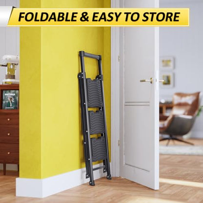 KINGRACK Step Ladder 3 Step Folding, 900lbs 3 Step Ladder with Non-Skid Wide Pedal and Handrails, Lightwight Household Ladder, Sturdy Step Stool, for Your Kitchen, Closets, Office Use, Garage, Black - size: 3-step with handrail