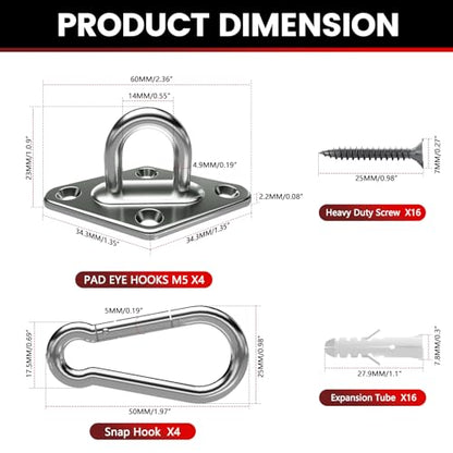 sprookber 304 Stainless Steel Pad Eye Snap Hook, M5 Ceiling Hook 500Lb,8Pcs - size: 2 Inch, style: Rhombus