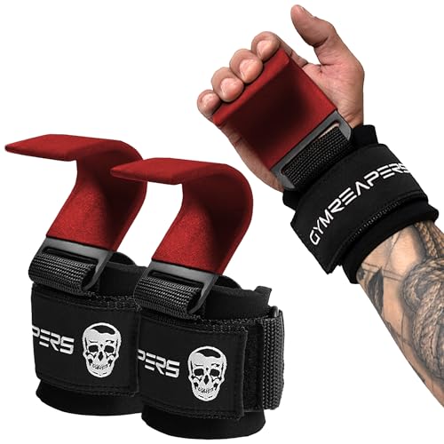 Gymreapers Weight Lifting Hooks (Pair), Heavy Duty Power Wrist Straps Hand Grip Support For Deadlifts, Pull Ups, Shrugs - Gym Gloves For Men and Women - color: Red
