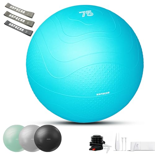 HAPBEAR Exercise Ball (22''/26''/30'') - Anti-Burst Slip-Resistant Yoga/Pilates Ball for Core Training & Posture Improvement, Home Gym/Rehab/Pregnancy Ball, Quick Pump & 3 Resistance Bands Included - color: Sky Blue, size: XL (27-30IN / 68-75cm)