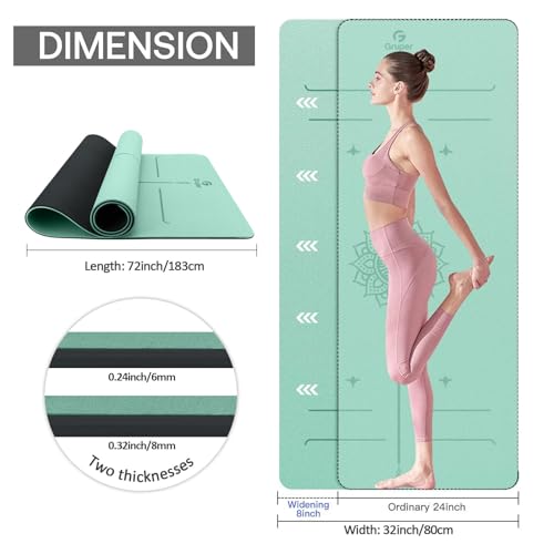Gruper Yoga Mat Non Slip TPE Extra Wide Yoga Mat with Alignment Mark, 72"L x 32"W x 0.32"/0.24"Th (183cm x 80cm x 8mm/6mm), Anti-Tear Exercise Mat with Carrying Strap and Bag, Workout Mats for Yoga, Pilates