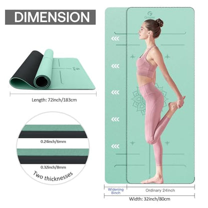 Gruper Yoga Mat Non Slip TPE Extra Wide Yoga Mat with Alignment Mark, 72"L x 32"W x 0.32"/0.24"Th (183cm x 80cm x 8mm/6mm), Anti-Tear Exercise Mat with Carrying Strap and Bag, Workout Mats for Yoga, Pilates