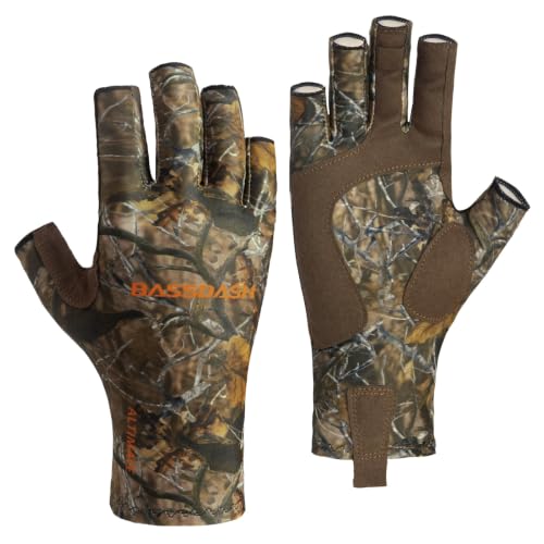 BASSDASH ALTIMATE UPF 50+ Sun Protection Fingerless Fishing Gloves Men - color: Autumn Forest, size: Large